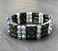 MossberryandStone Crystal Cuff Bracelet Triple Strand Beaded Stretch Gunmetal