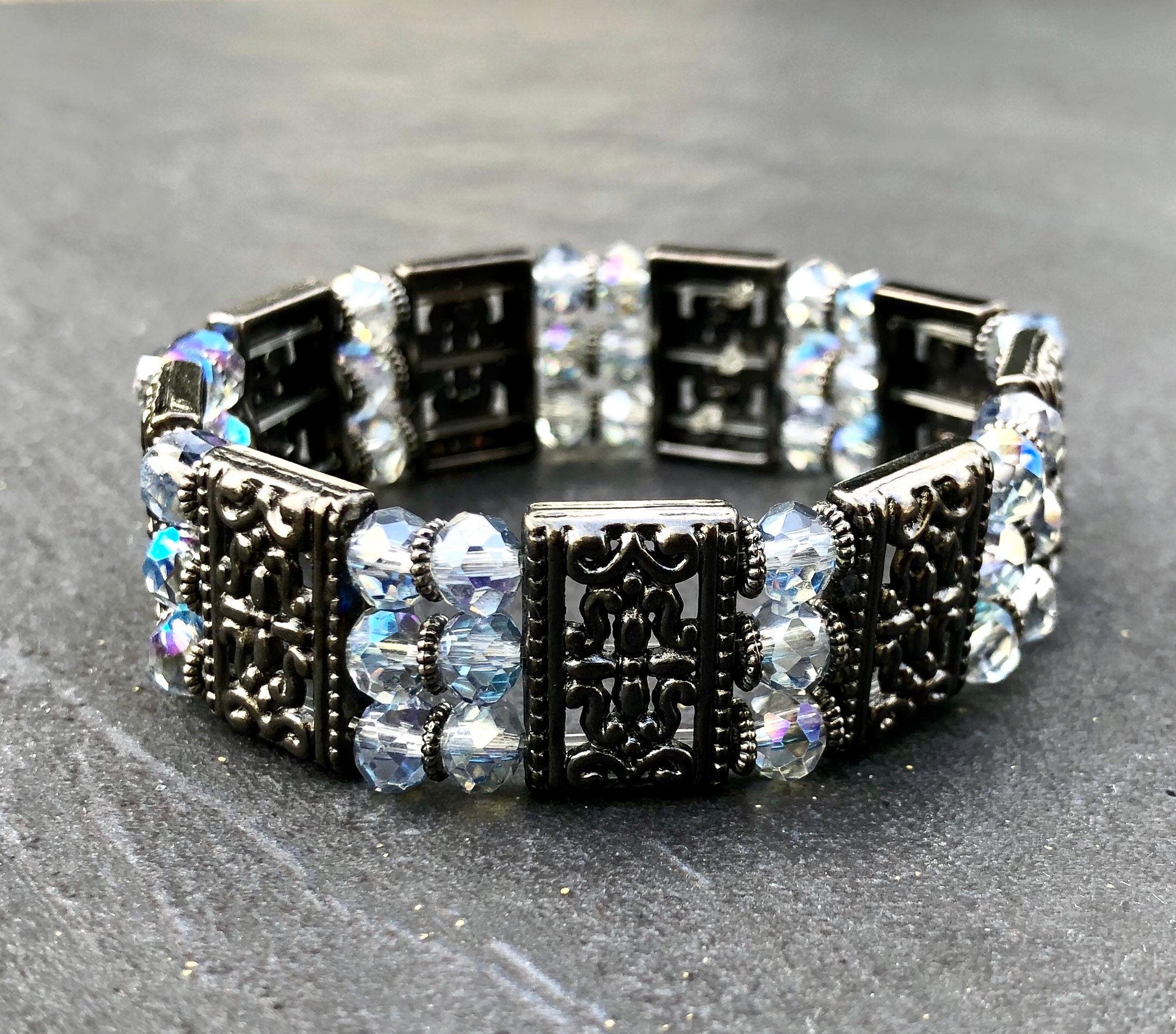 MossberryandStone Crystal Cuff Bracelet Triple Strand Beaded Stretch Gunmetal