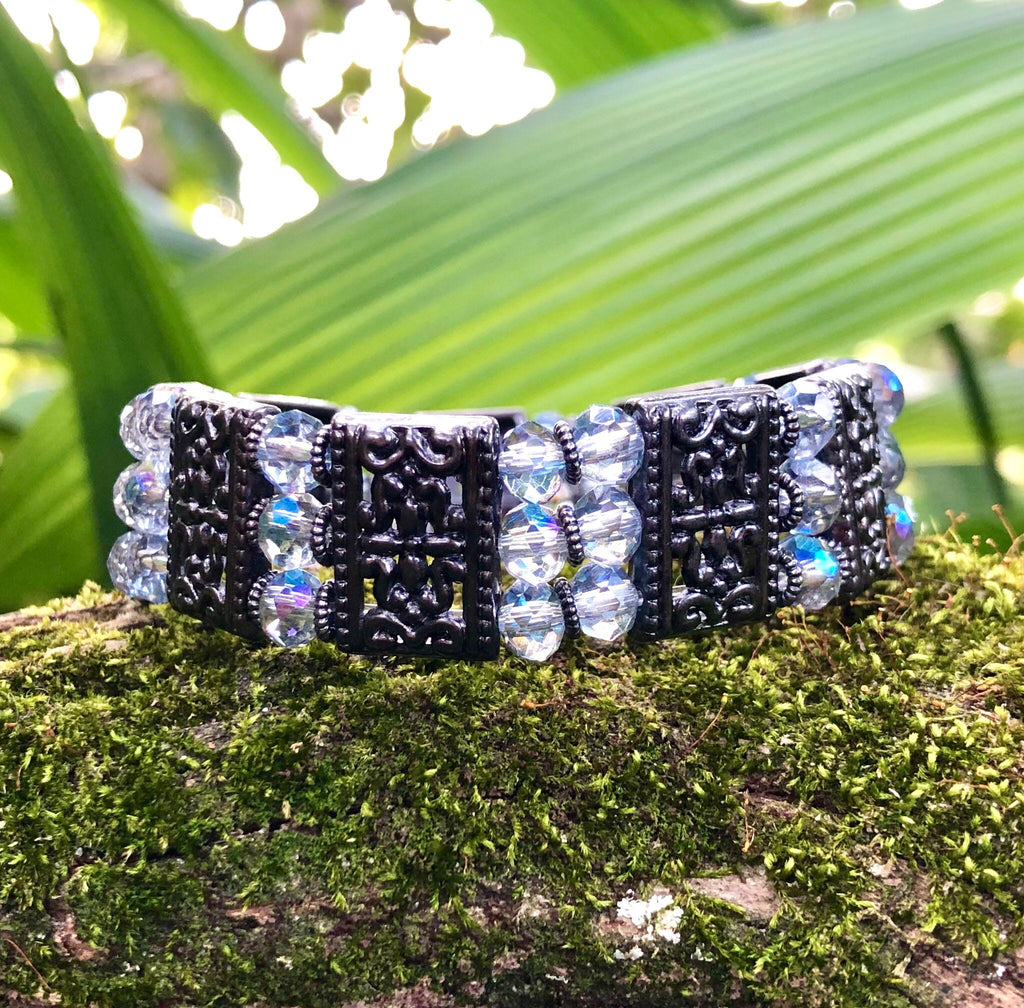MossberryandStone Crystal Cuff Bracelet Triple Strand Beaded Stretch Gunmetal