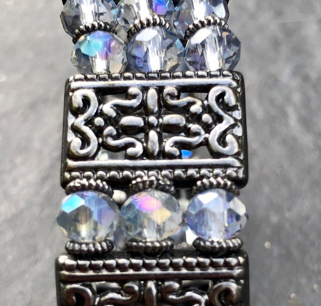MossberryandStone Crystal Cuff Bracelet Triple Strand Beaded Stretch Gunmetal