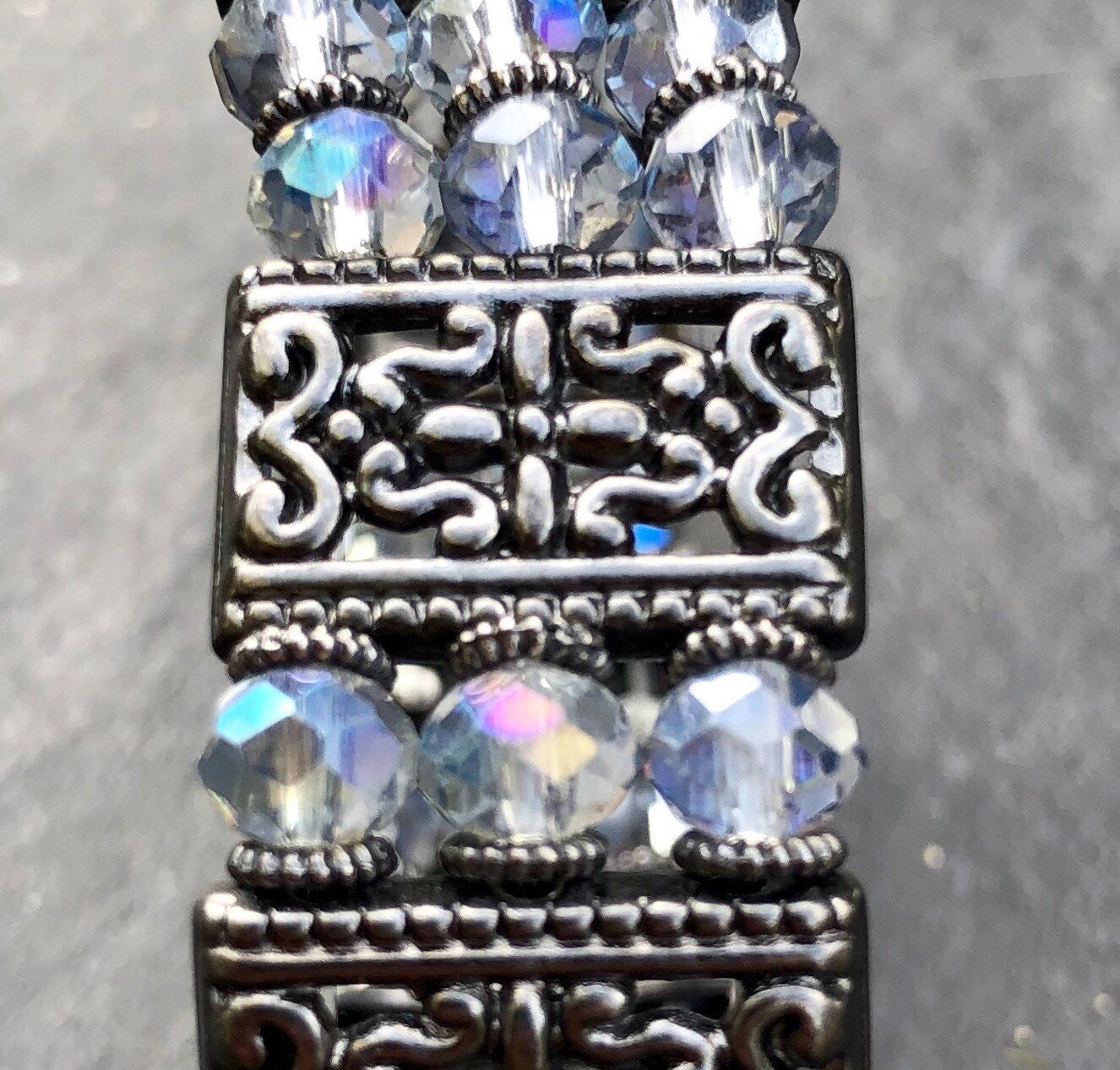 MossberryandStone Crystal Cuff Bracelet Triple Strand Beaded Stretch Gunmetal
