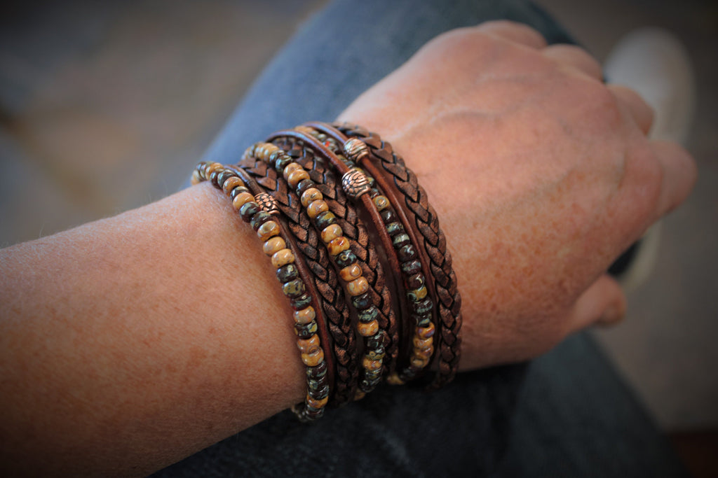 Boho Leather Wrap Bracelet: Beaded Copper Magnetic Clasp