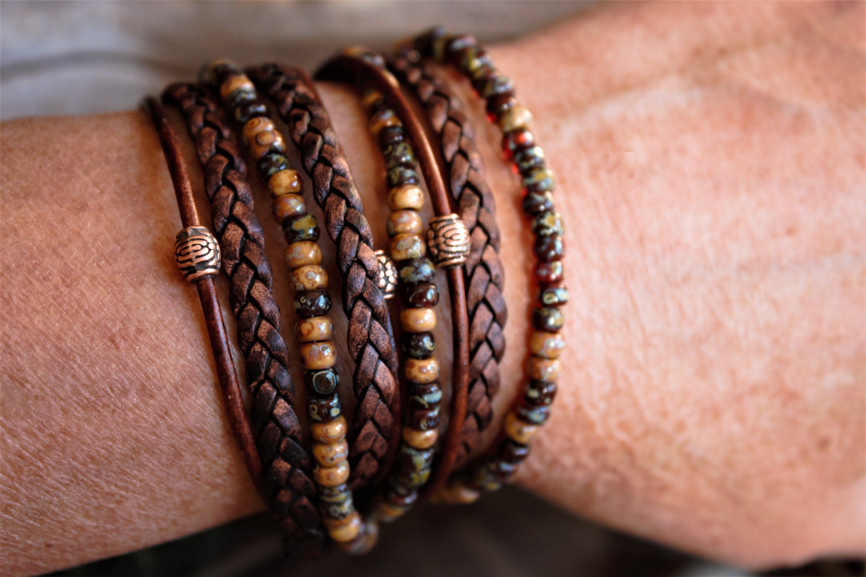 Boho Leather Wrap Bracelet: Beaded Copper Magnetic Clasp