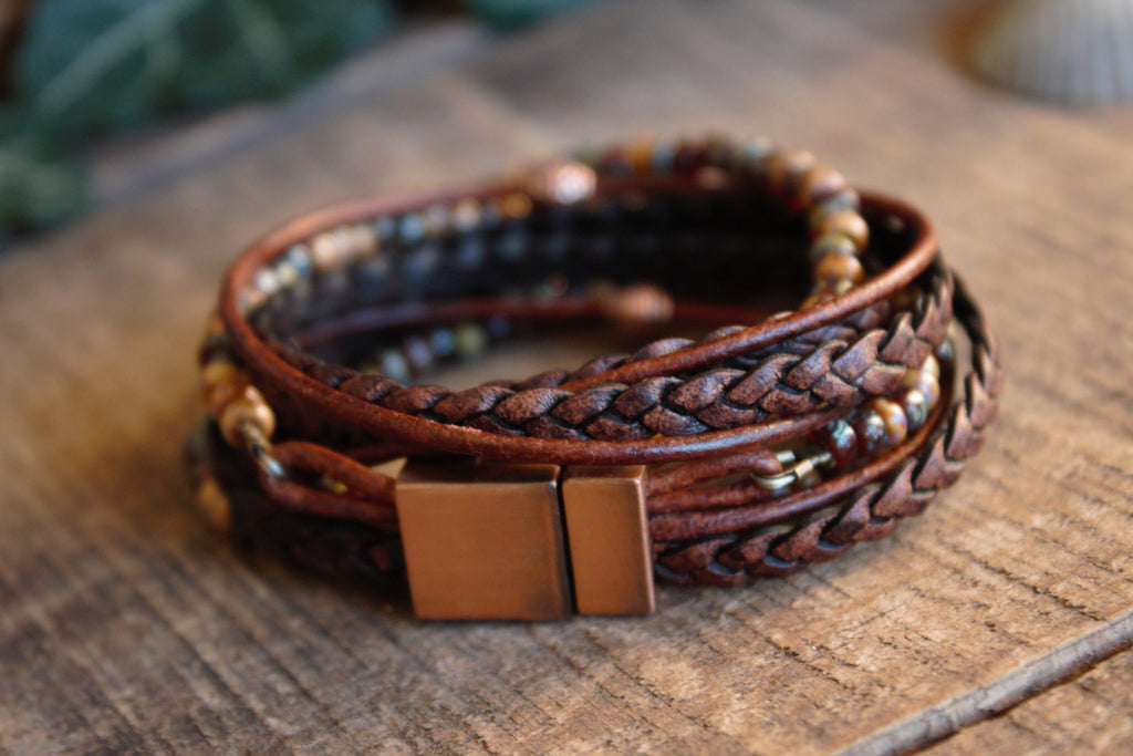 Boho Leather Wrap Bracelet: Beaded Copper Magnetic Clasp