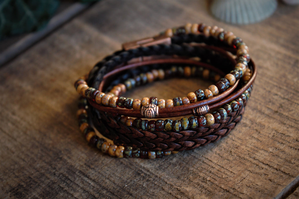 Boho Leather Wrap Bracelet: Beaded Copper Magnetic Clasp