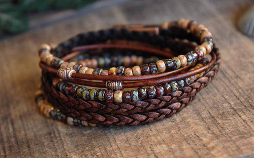 Boho Leather Wrap Bracelet: Beaded Copper Magnetic Clasp