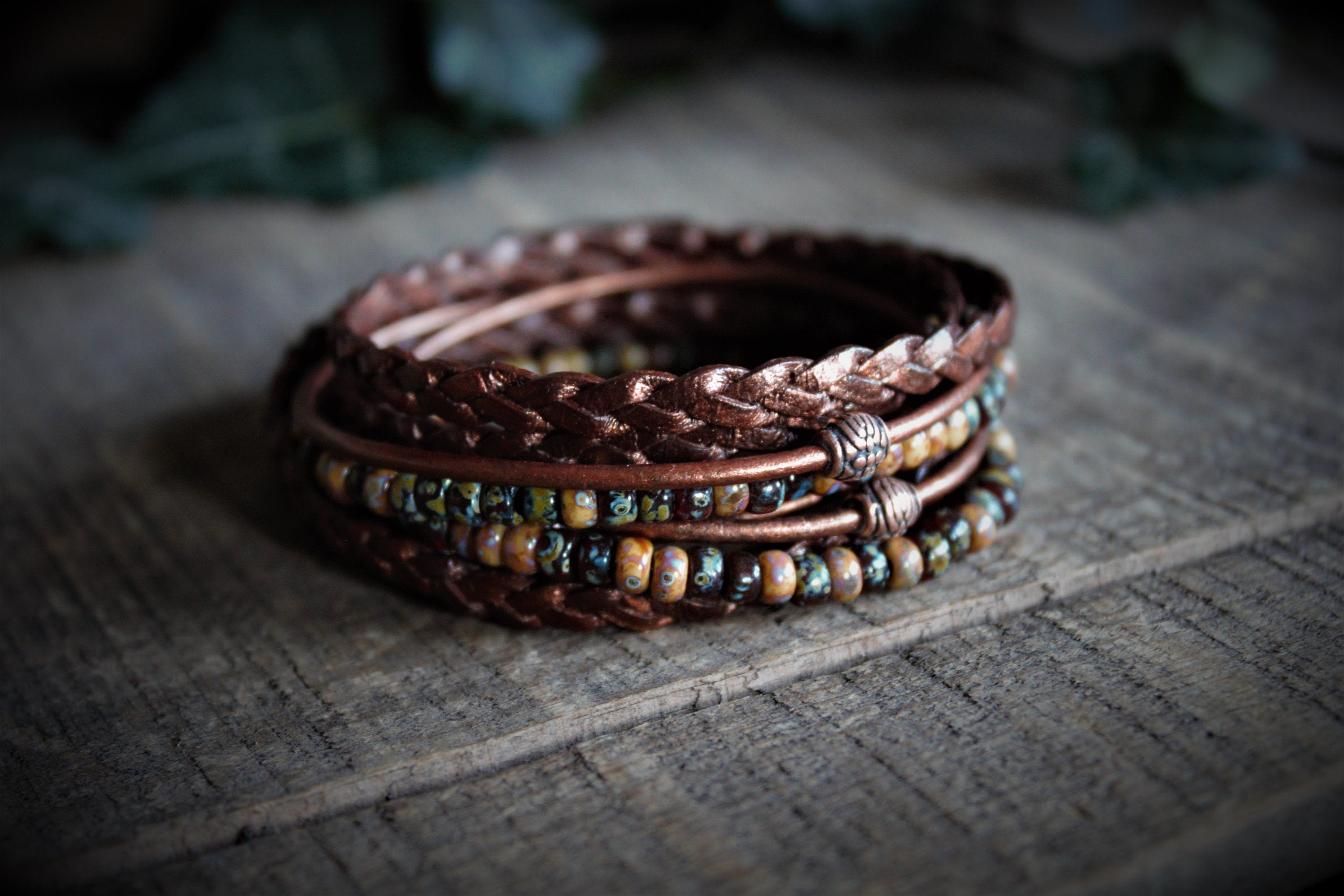 BohoWrapFrancesca Men's Leather Wrap Bracelet Beaded Copper Clasp