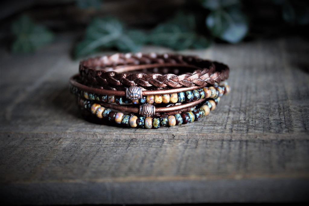 BohoWrapFrancesca Men's Leather Wrap Bracelet Beaded Copper Clasp