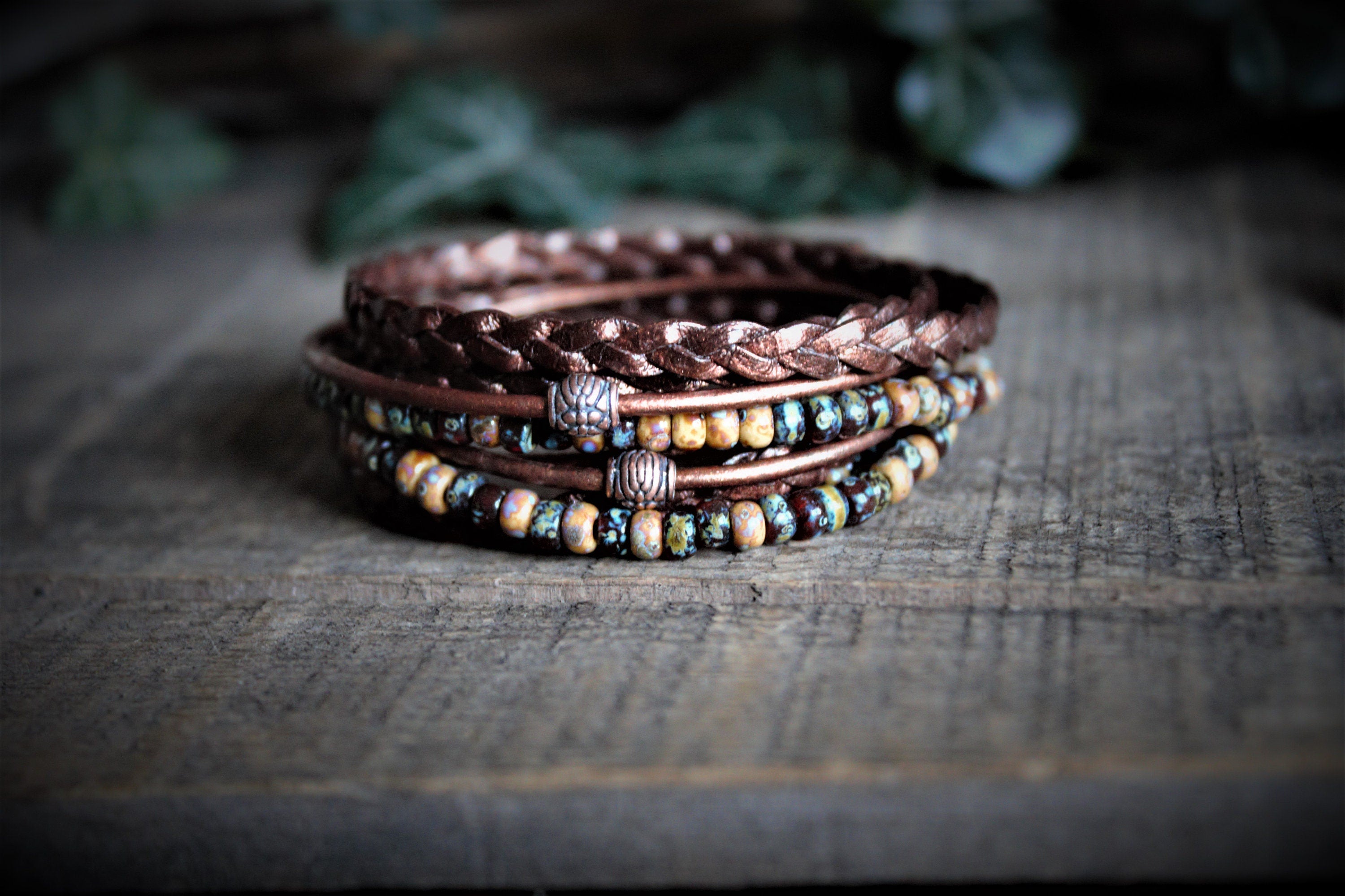 BohoWrapFrancesca Men's Leather Wrap Bracelet Beaded Copper Clasp
