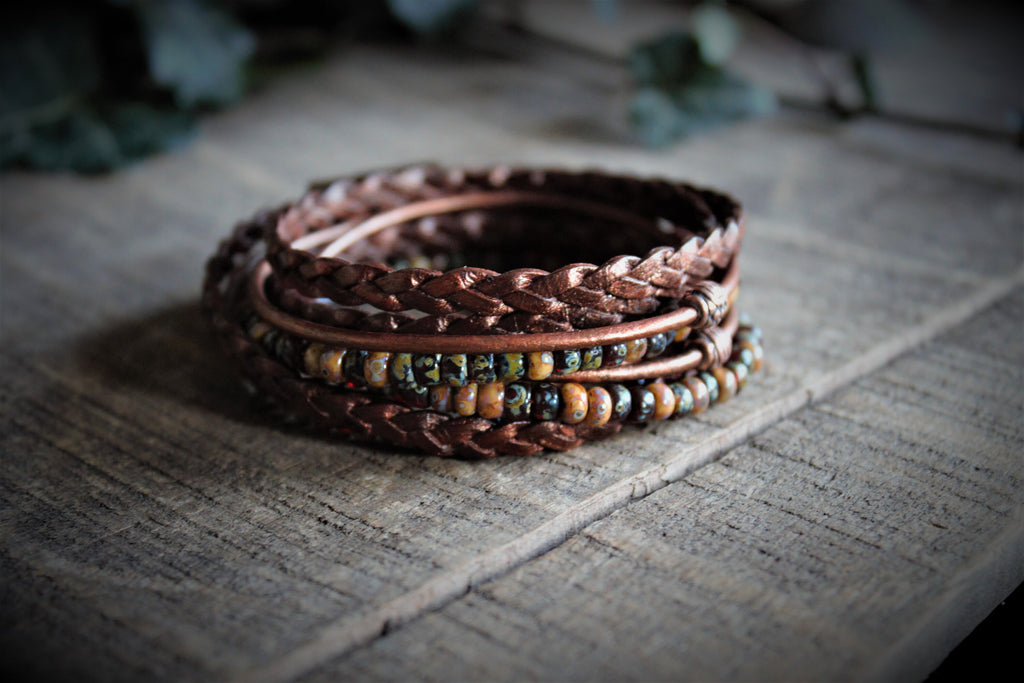BohoWrapFrancesca Men's Leather Wrap Bracelet Beaded Copper Clasp