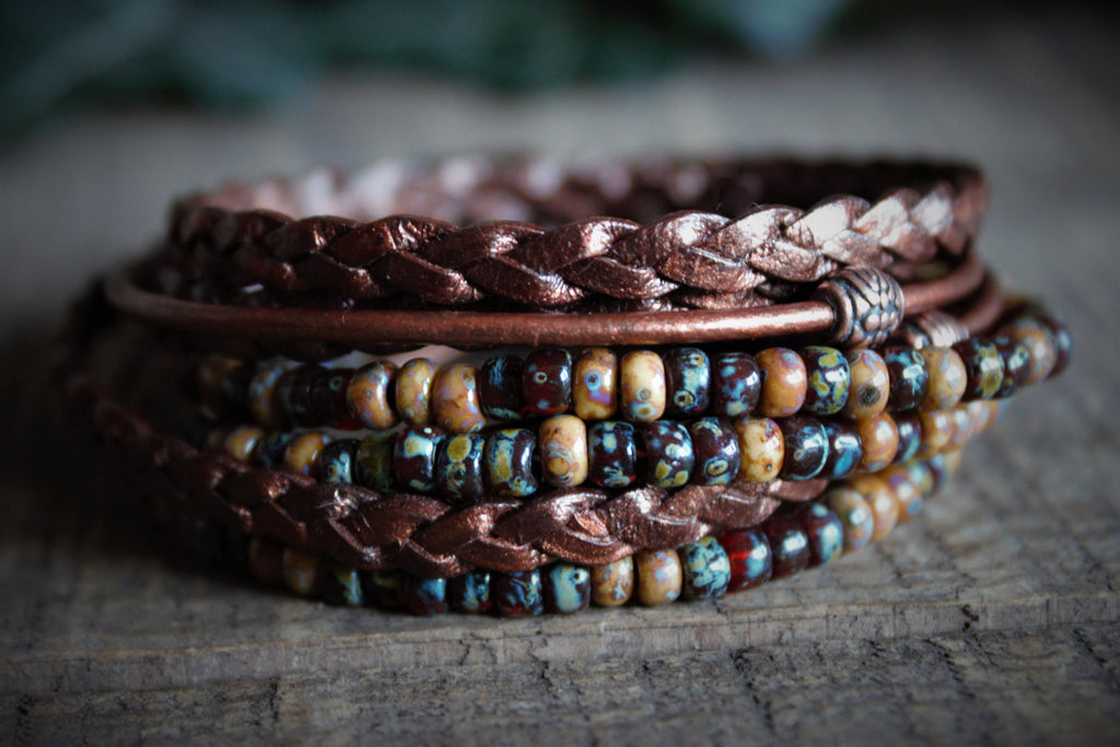 BohoWrapFrancesca Men's Leather Wrap Bracelet Beaded Copper Clasp