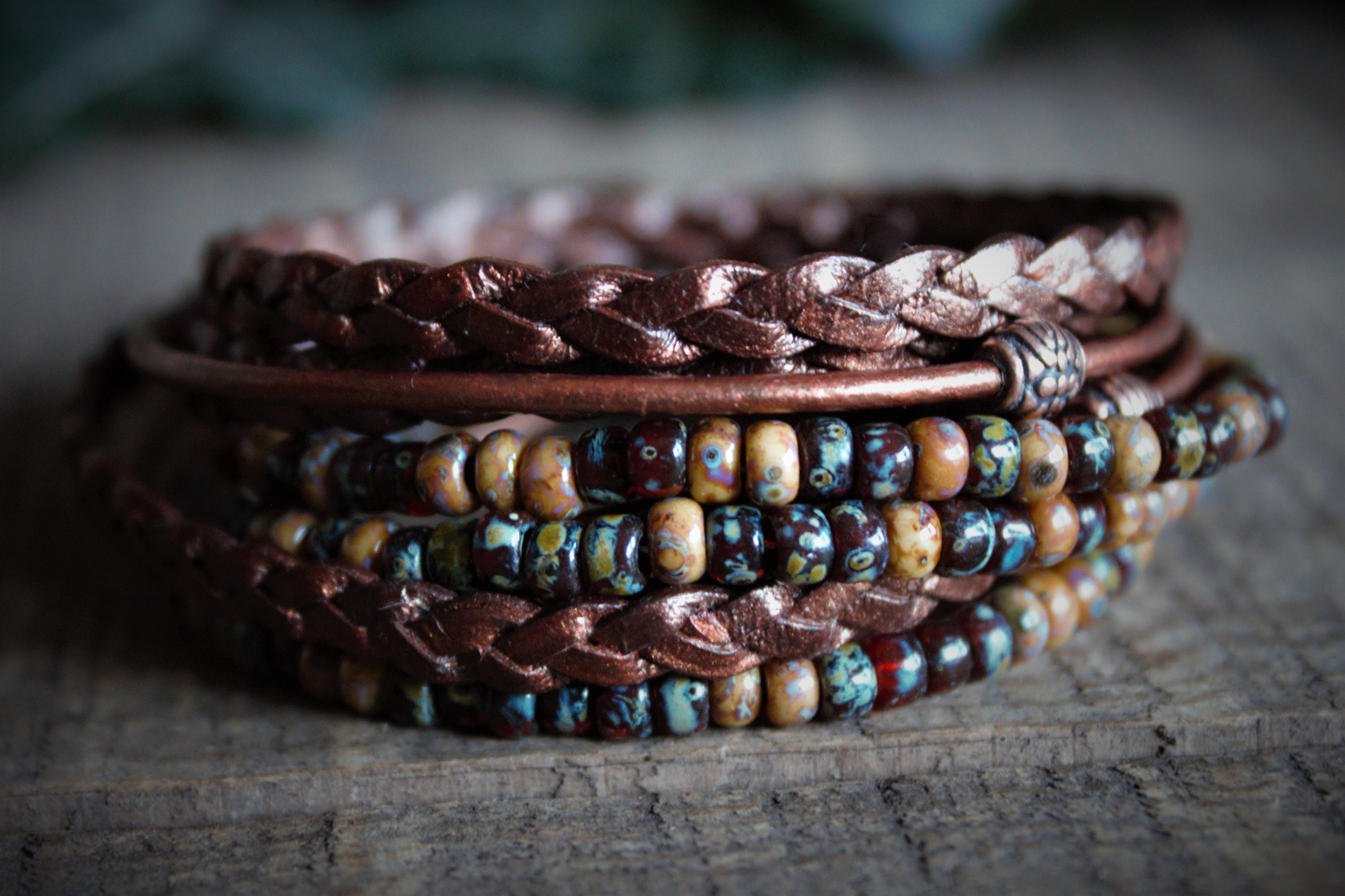 BohoWrapFrancesca Men's Leather Wrap Bracelet Beaded Copper Clasp