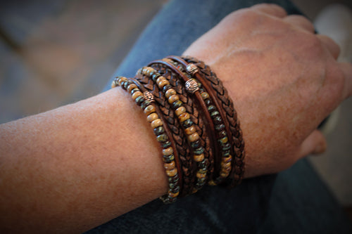 Boho Leather Wrap Bracelet: Beaded Copper Magnetic Clasp