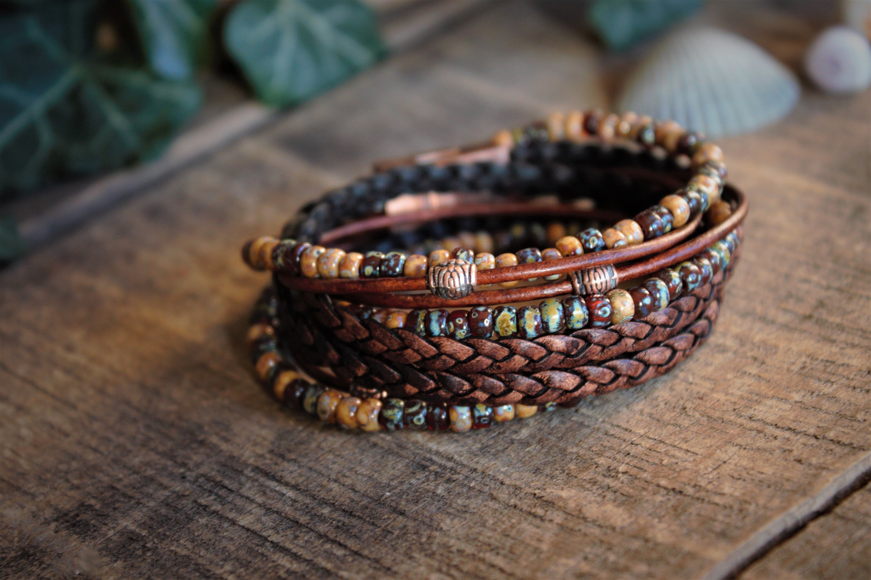 Boho Leather Wrap Bracelet: Beaded Copper Magnetic Clasp