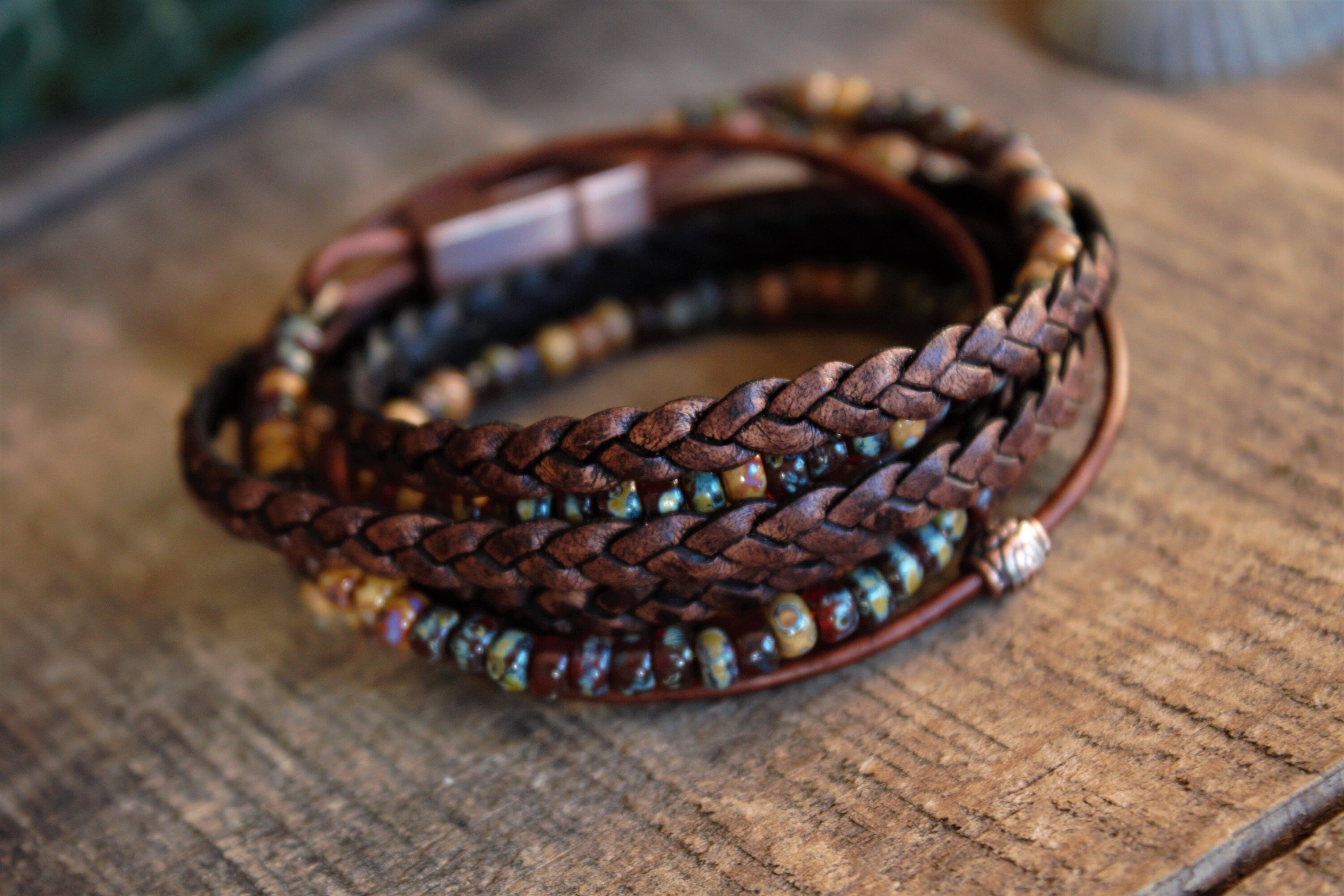 Boho Leather Wrap Bracelet: Beaded Copper Magnetic Clasp