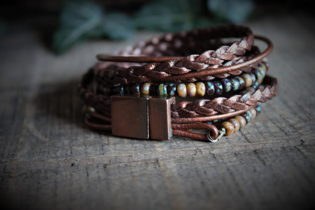 BohoWrapFrancesca Men's Leather Wrap Bracelet Beaded Copper Clasp
