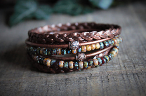 BohoWrapFrancesca Men's Leather Wrap Bracelet Beaded Copper Clasp