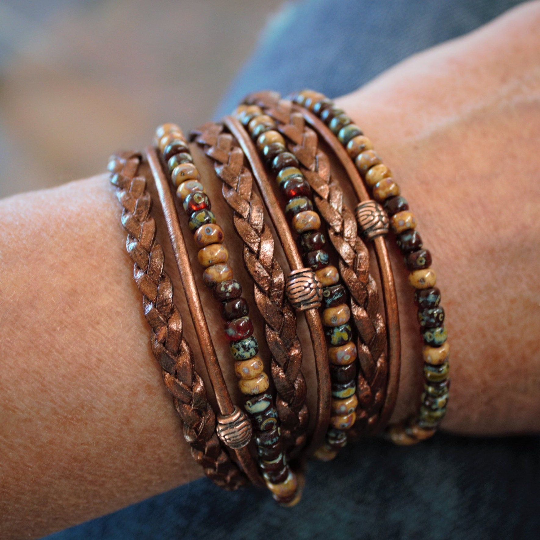 BohoWrapFrancesca Men's Leather Wrap Bracelet Beaded Copper Clasp