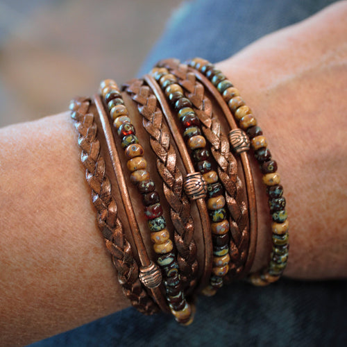 BohoWrapFrancesca Men's Leather Wrap Bracelet Beaded Copper Clasp