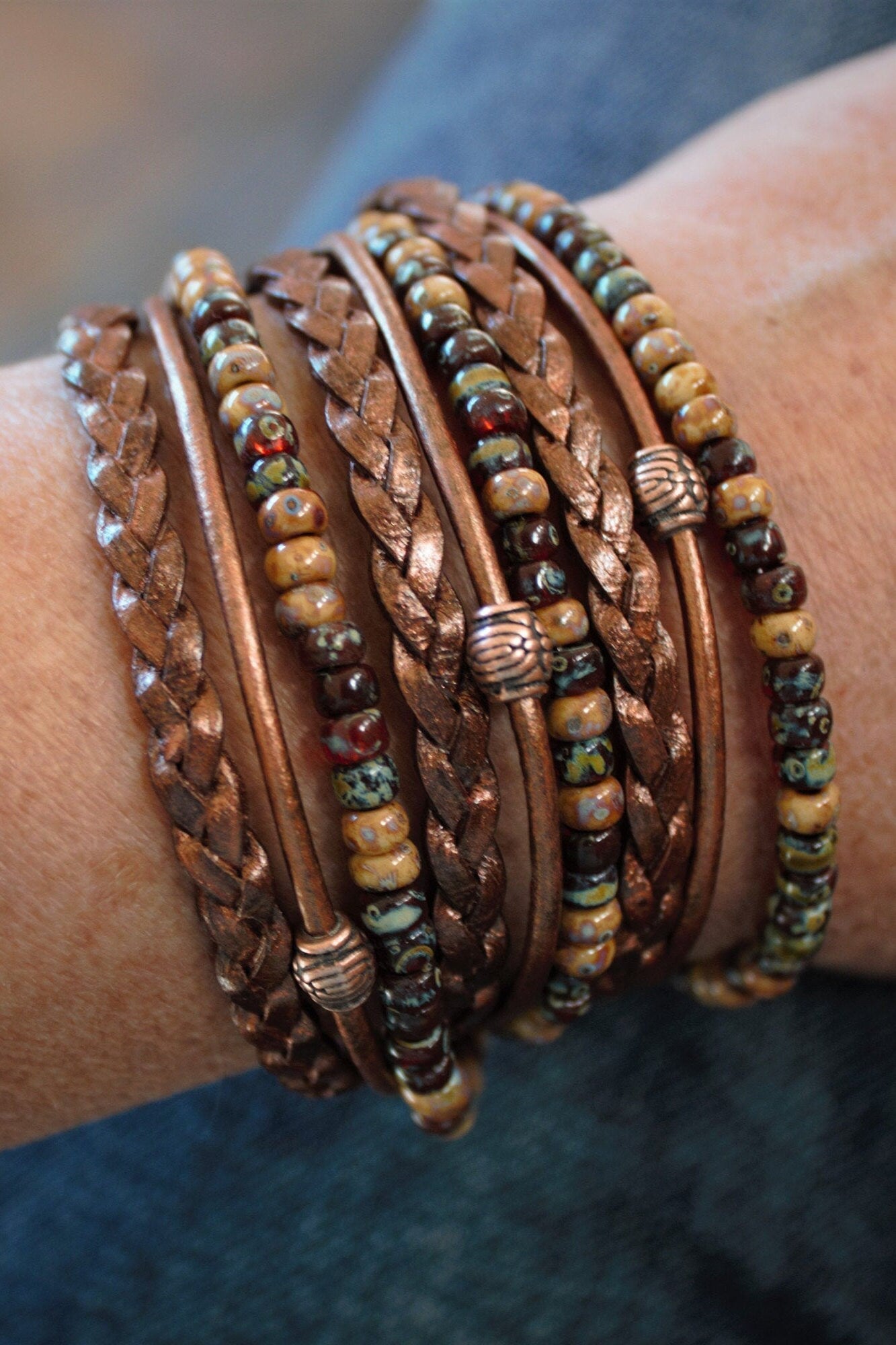 BohoWrapFrancesca Men's Leather Wrap Bracelet Beaded Copper Clasp