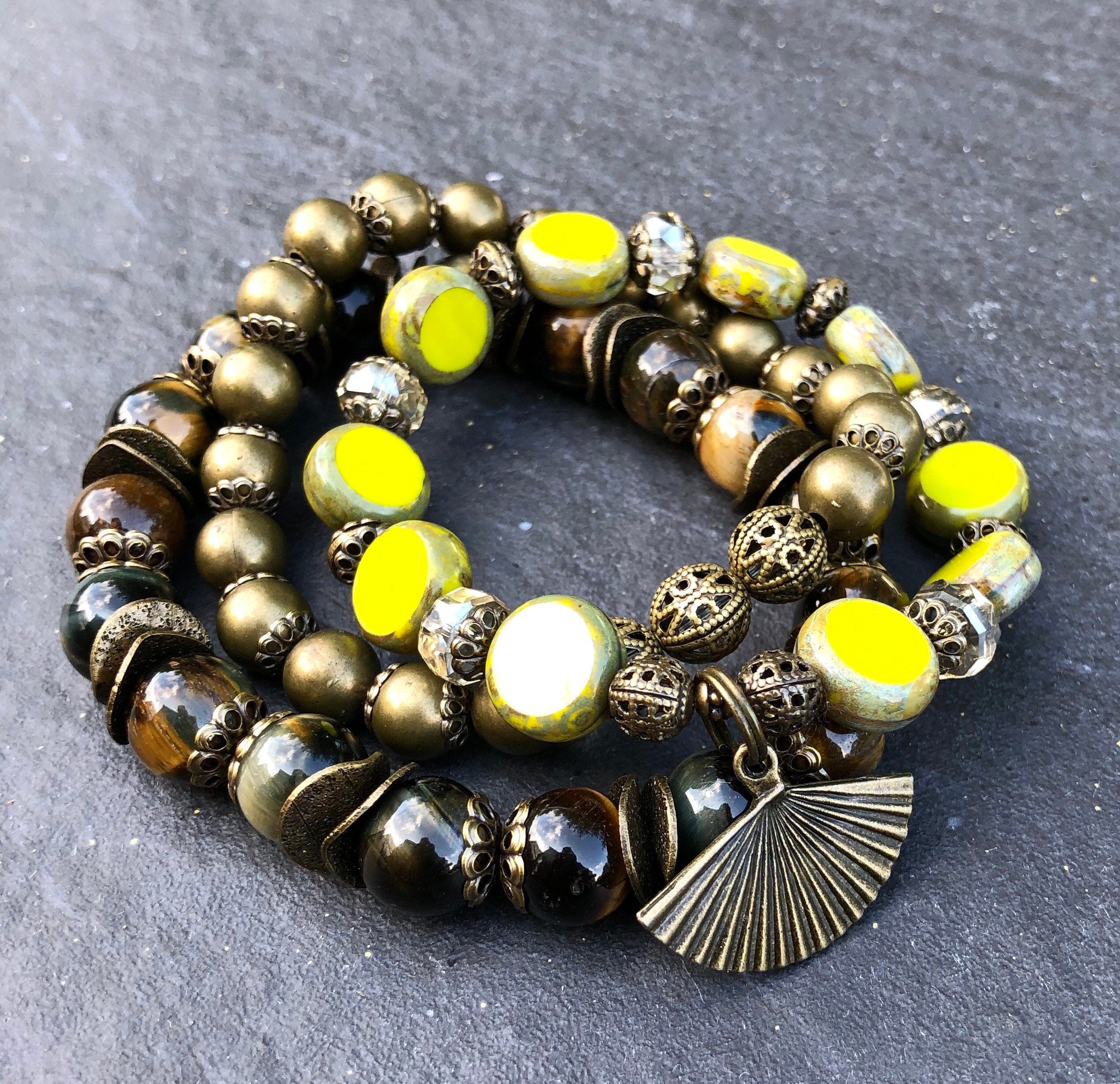 MossberryandStone Fan Flare Beaded Stretch Bracelet Set 3-Piece