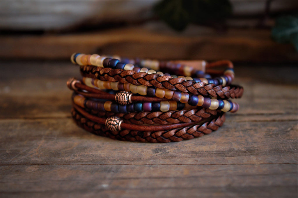 Braided Leather Wrap Bracelet: Boho Beaded Stack, Unisex Design
