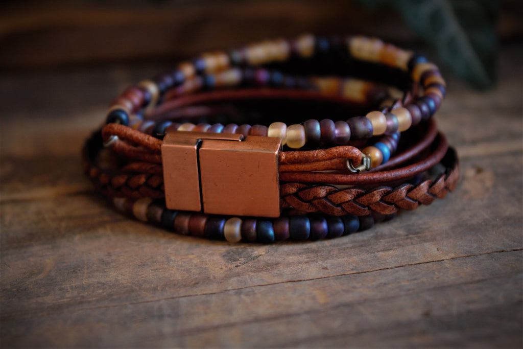 Braided Leather Wrap Bracelet: Boho Beaded Stack, Unisex Design