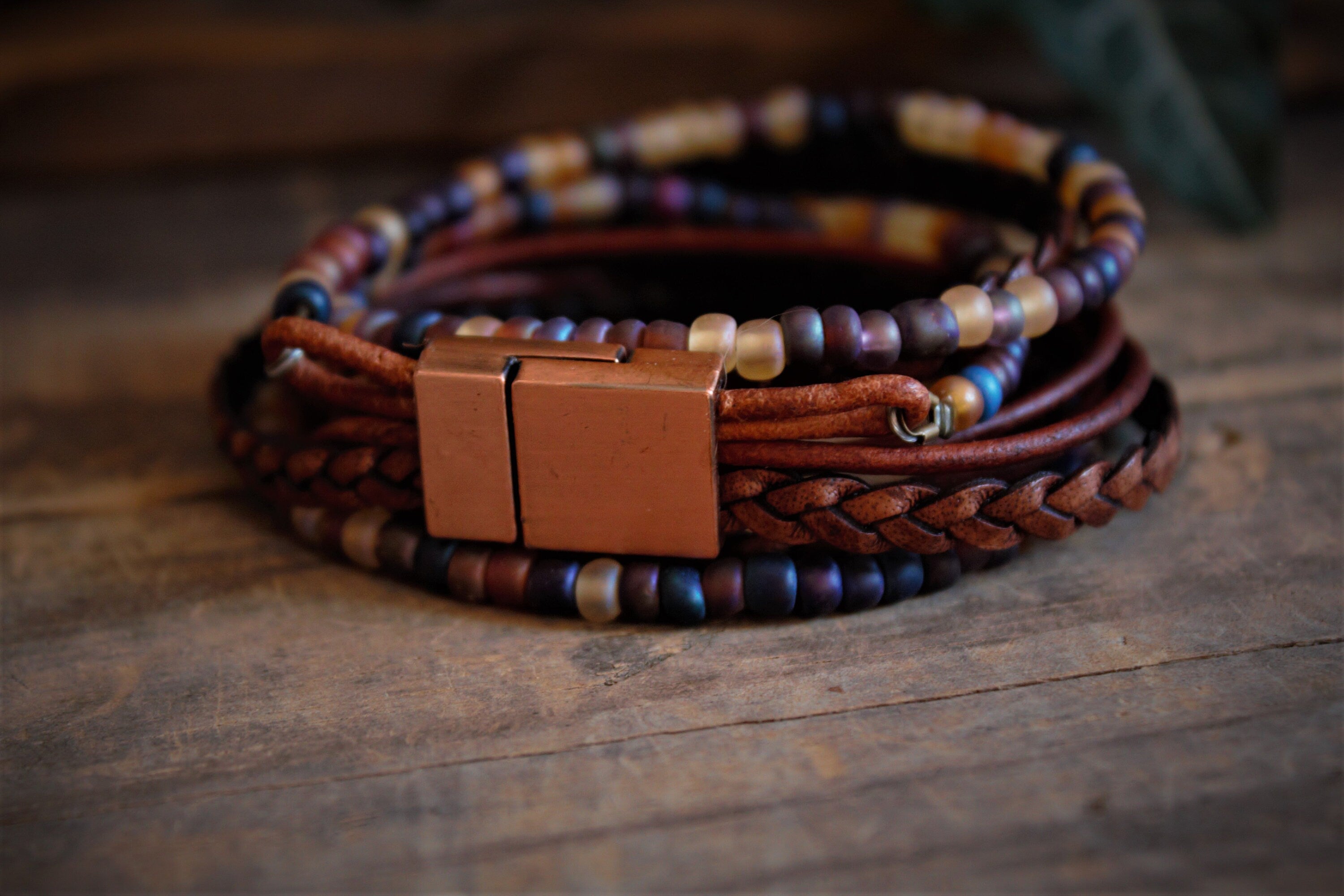 Braided Leather Wrap Bracelet: Boho Beaded Stack, Unisex Design