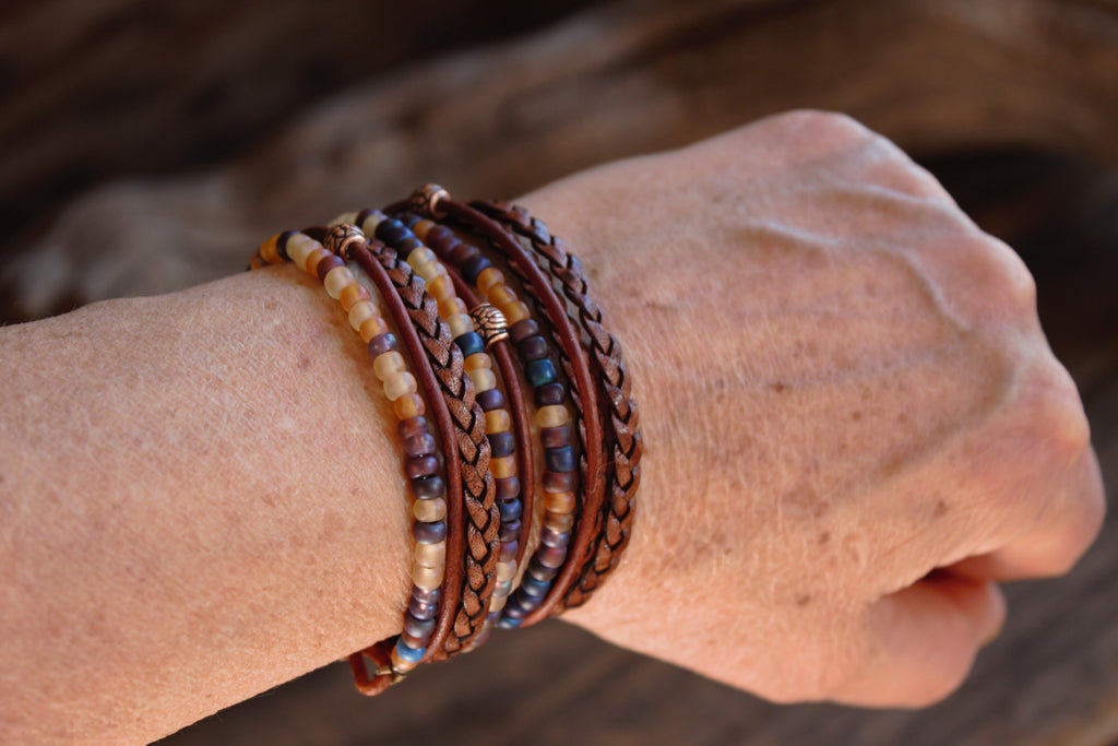 Braided Leather Wrap Bracelet: Boho Beaded Stack, Unisex Design