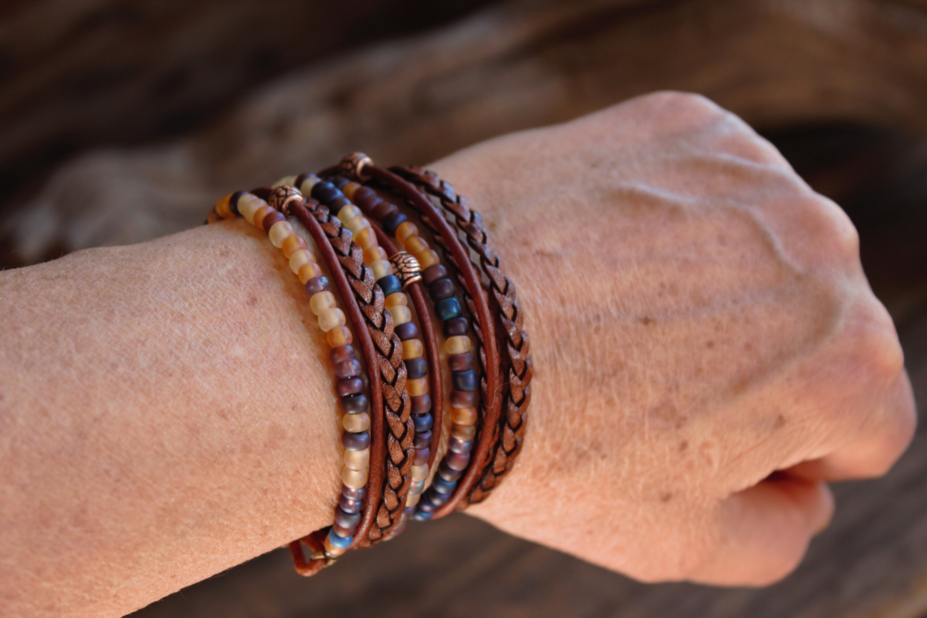 Braided Leather Wrap Bracelet: Boho Beaded Stack, Unisex Design