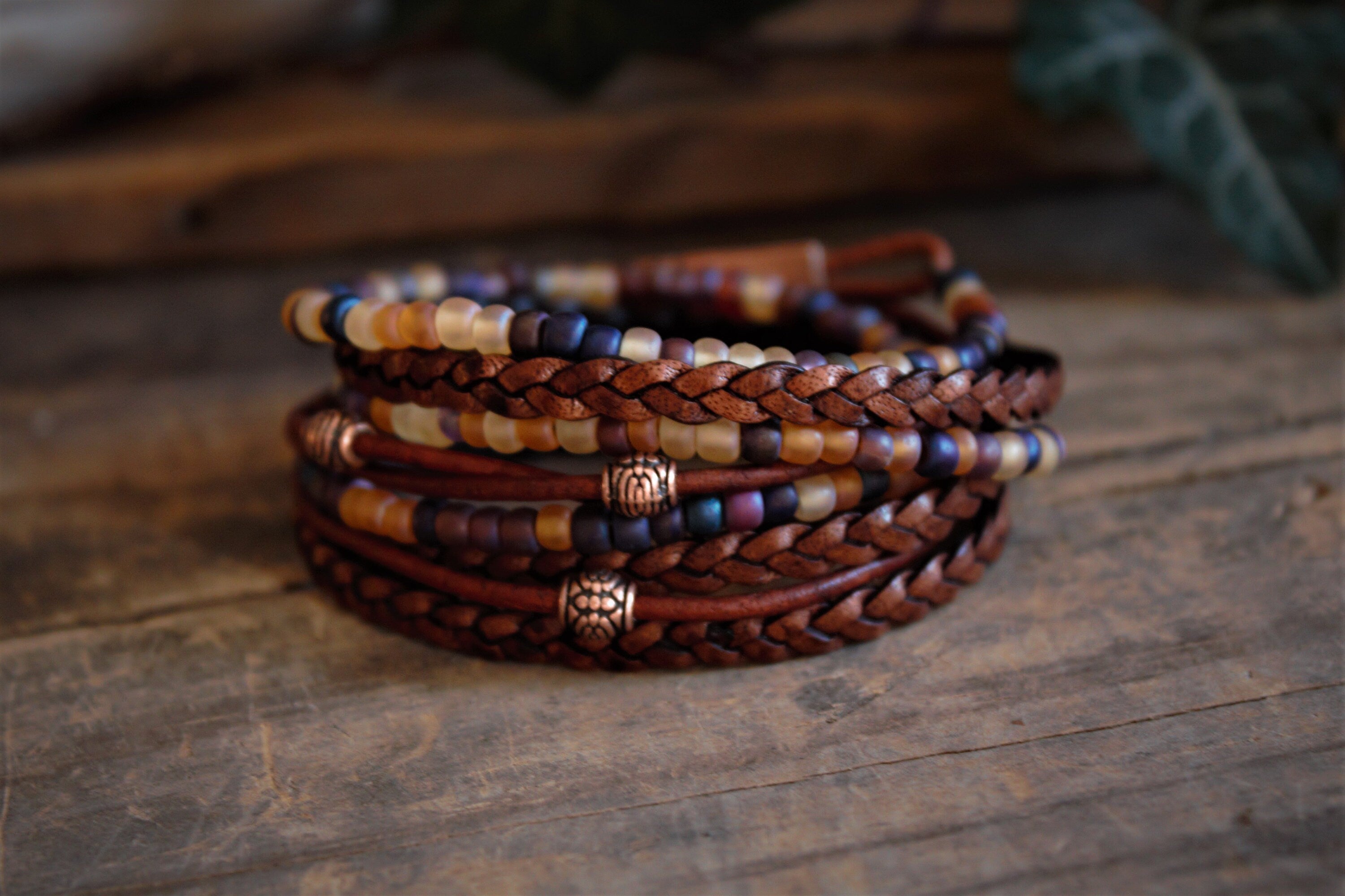 Braided Leather Wrap Bracelet: Boho Beaded Stack, Unisex Design