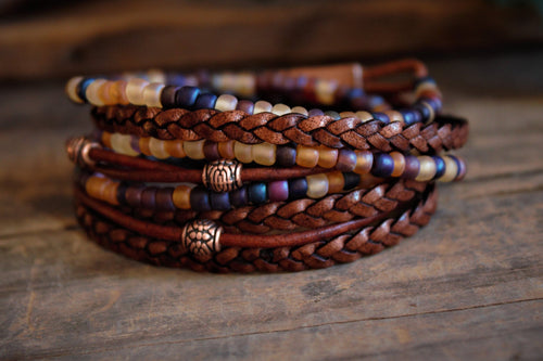 Braided Leather Wrap Bracelet: Boho Beaded Stack, Unisex Design