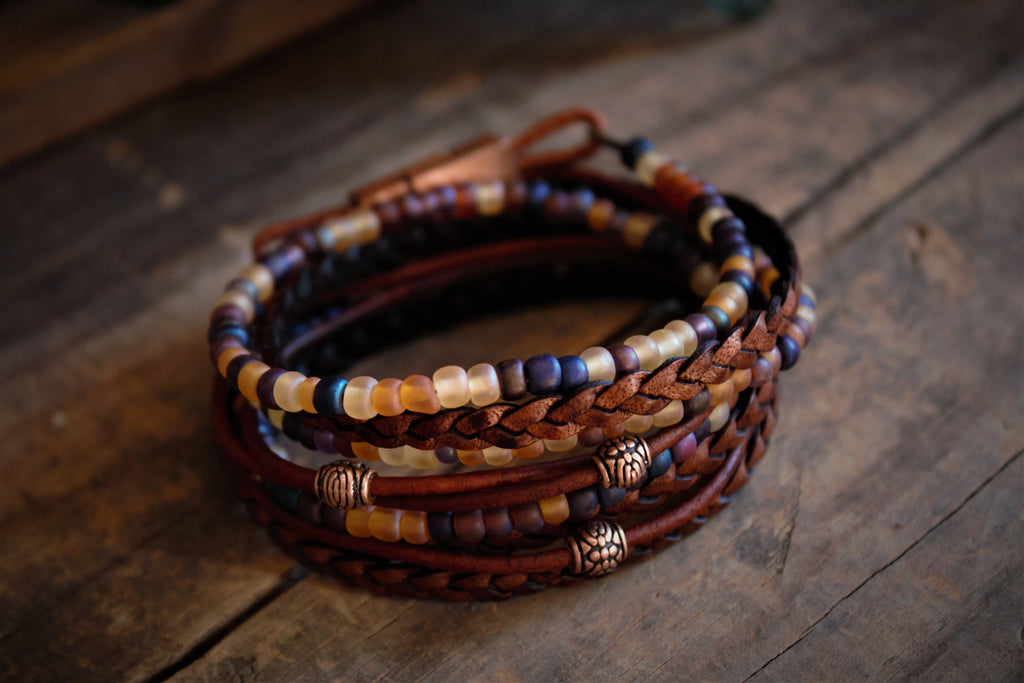 Braided Leather Wrap Bracelet: Boho Beaded Stack, Unisex Design