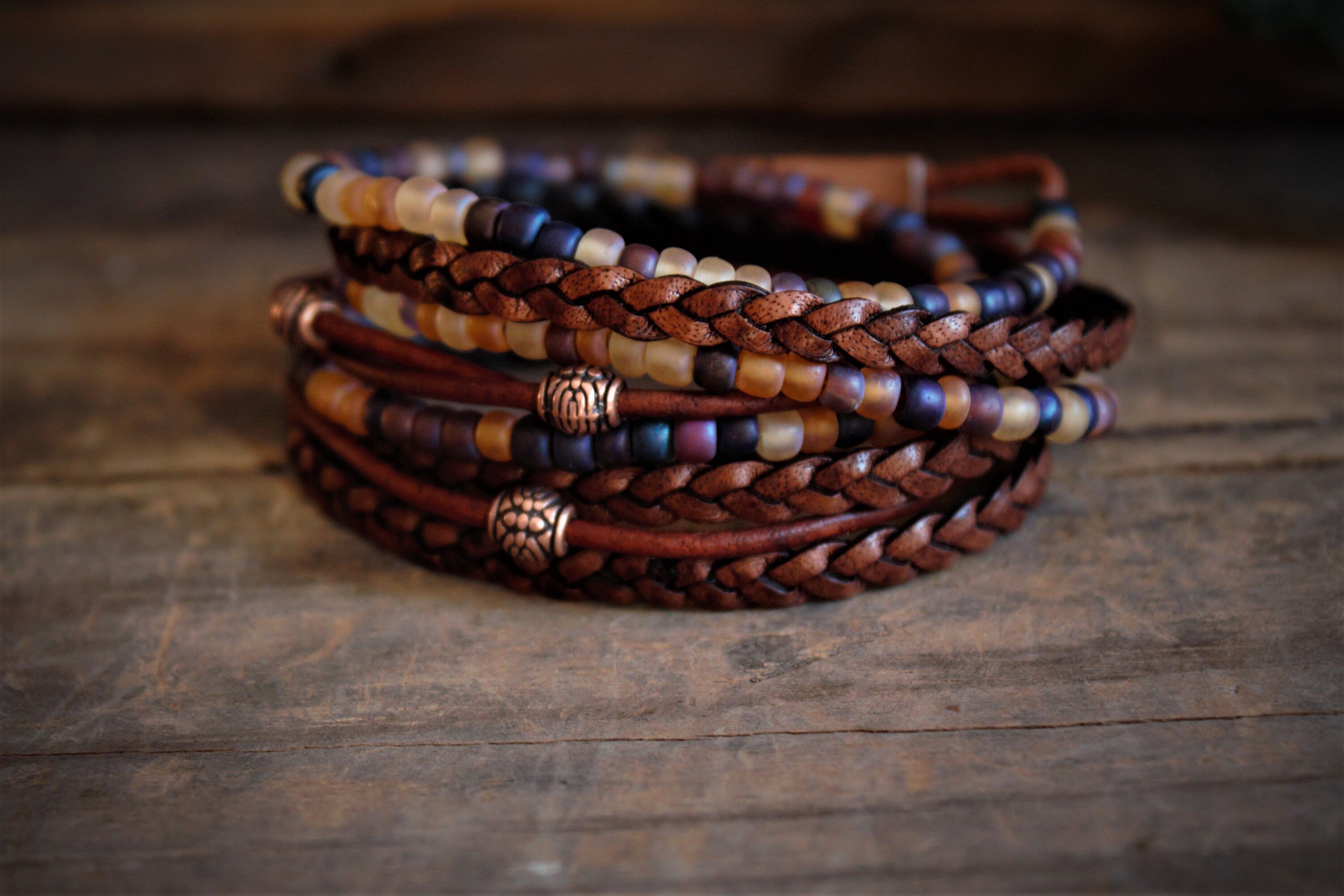 Braided Leather Wrap Bracelet: Boho Beaded Stack, Unisex Design