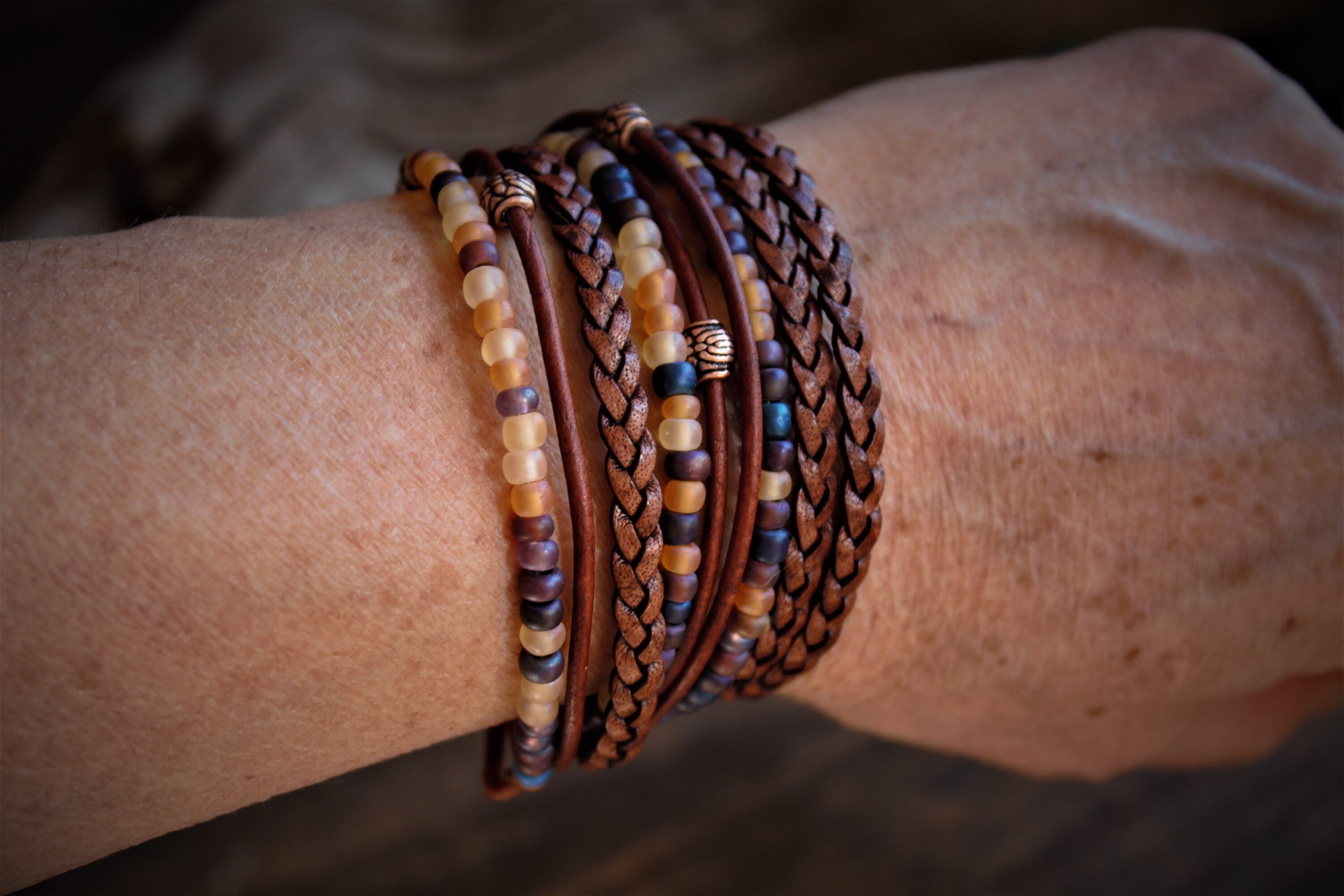 Braided Leather Wrap Bracelet: Boho Beaded Stack, Unisex Design