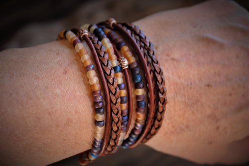 Braided Leather Wrap Bracelet: Boho Beaded Stack, Unisex Design