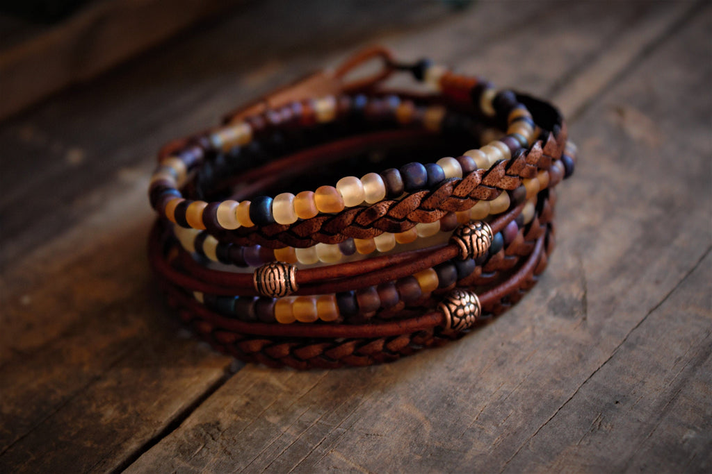 Braided Leather Wrap Bracelet: Boho Beaded Stack, Unisex Design