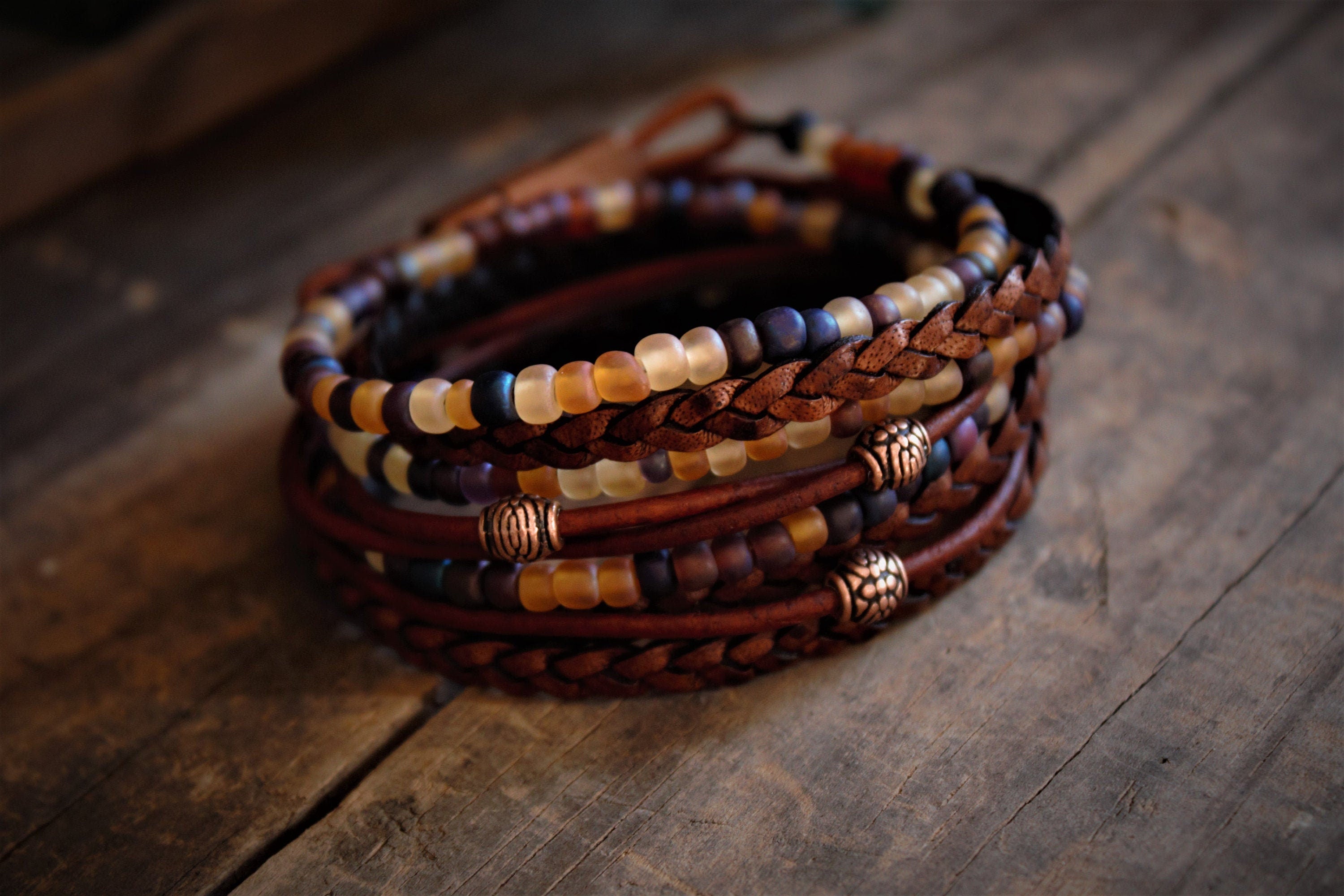 Braided Leather Wrap Bracelet: Boho Beaded Stack, Unisex Design