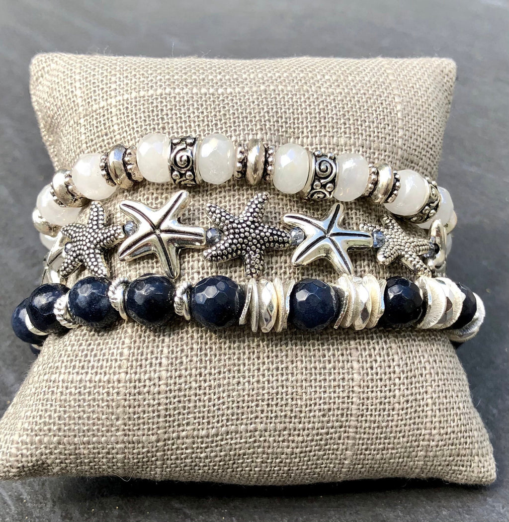 MossberryandStone Starfish Bracelet Stack 3-Piece Beaded Bracelet Set 6.5in
