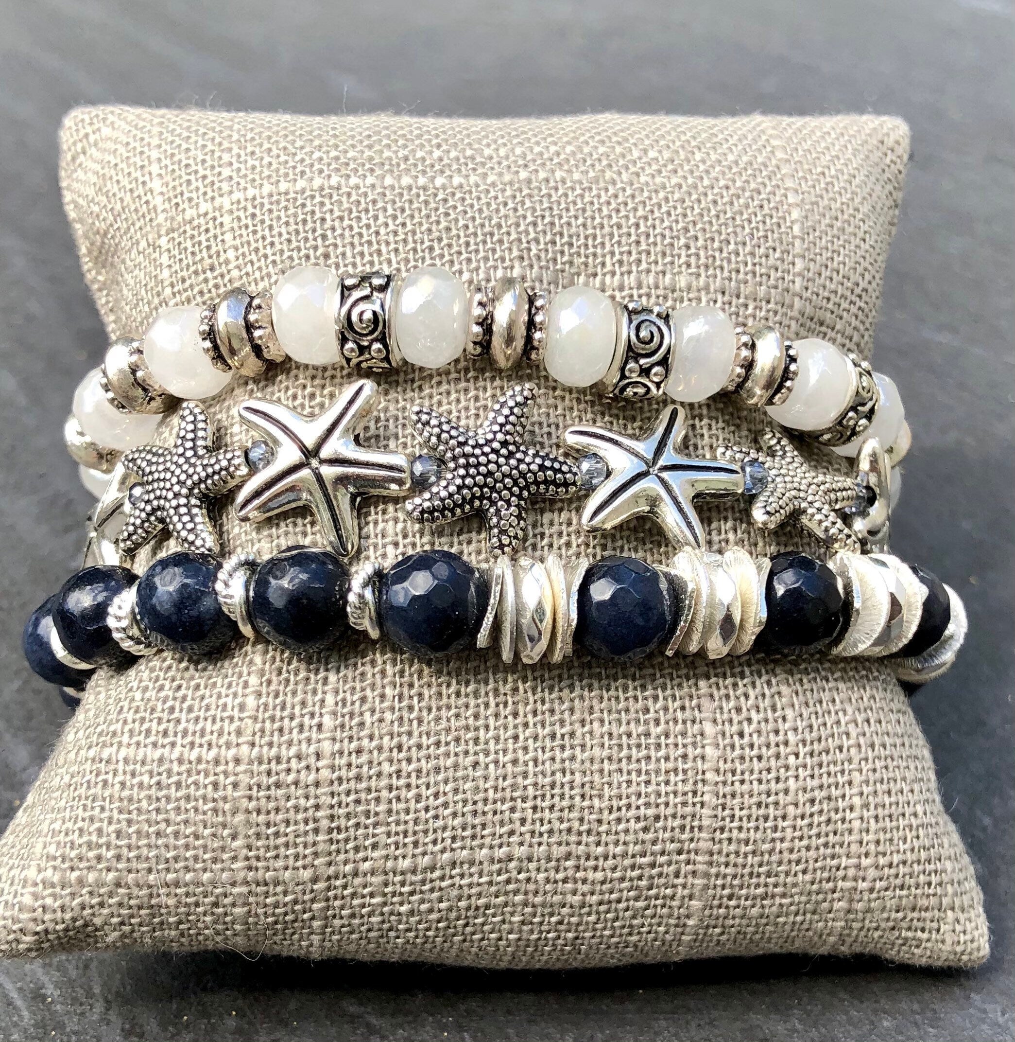 MossberryandStone Starfish Bracelet Stack 3-Piece Beaded Bracelet Set 6.5in