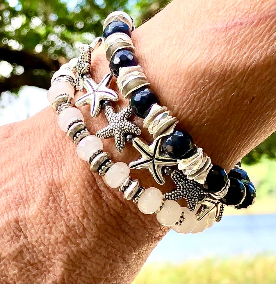 MossberryandStone Starfish Bracelet Stack 3-Piece Beaded Bracelet Set 6.5in