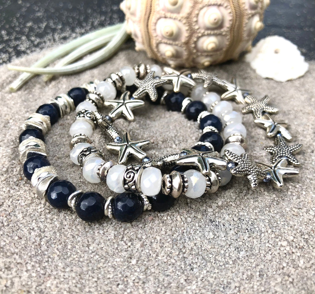 MossberryandStone Starfish Bracelet Stack 3-Piece Beaded Bracelet Set 6.5in