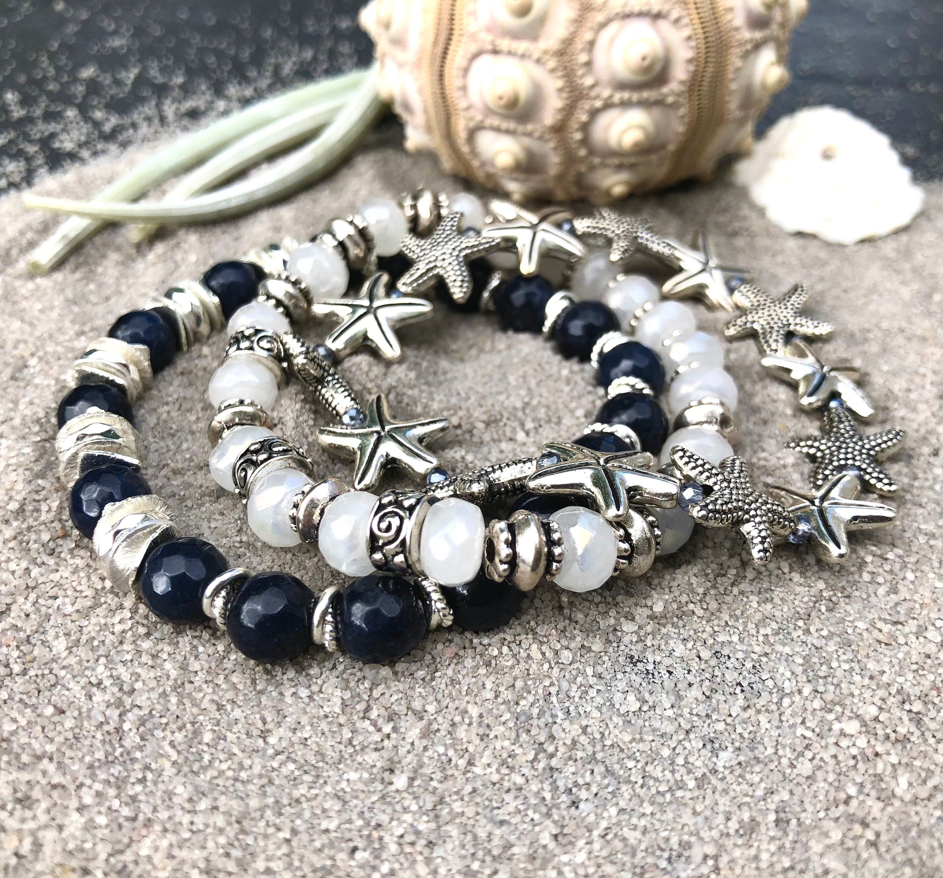 MossberryandStone Starfish Bracelet Stack 3-Piece Beaded Bracelet Set 6.5in
