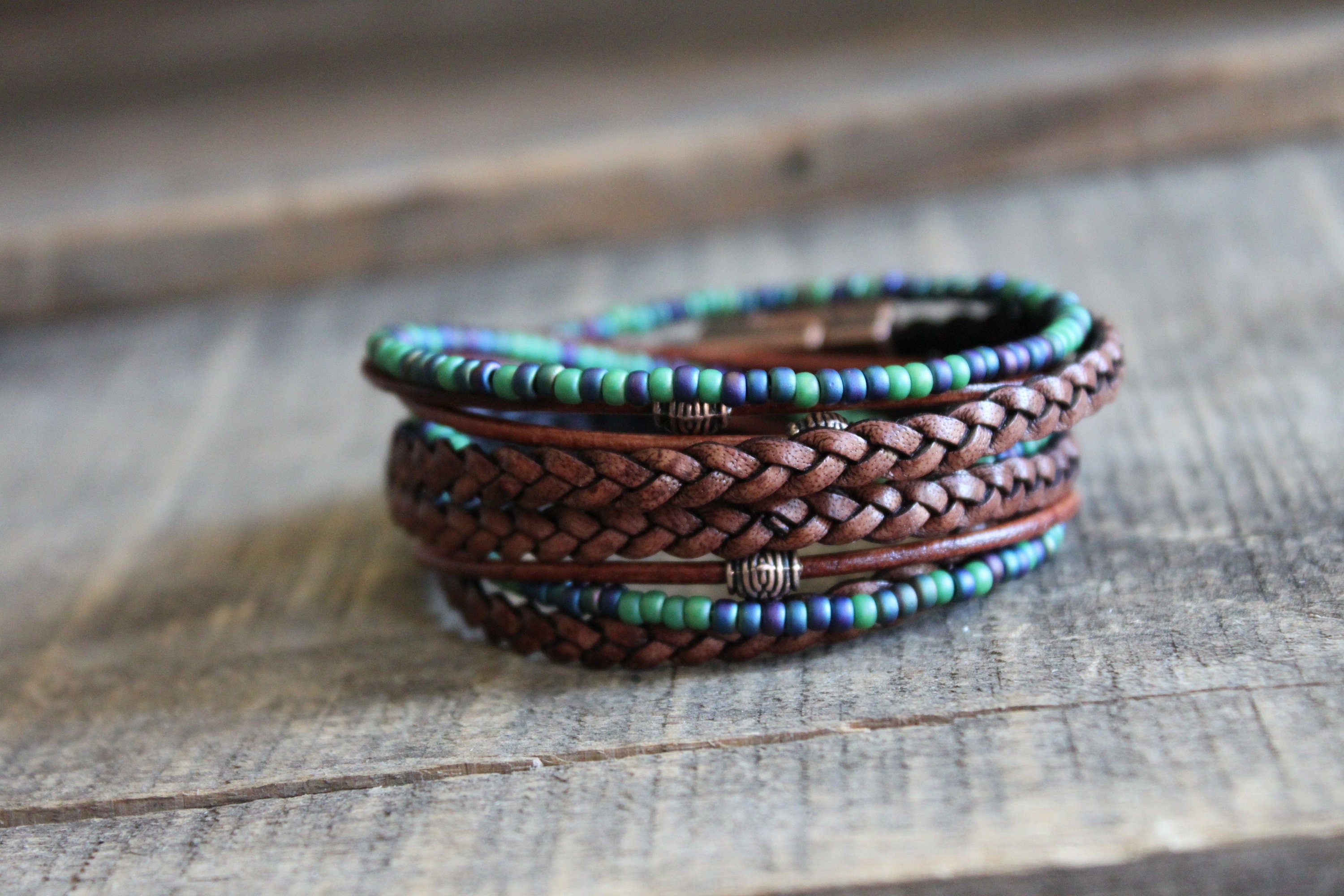 BohoWrapFrancesca Men's Leather Wrap Bracelet: Boho Beaded Style