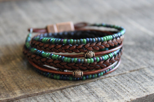 BohoWrapFrancesca Men's Leather Wrap Bracelet: Boho Beaded Style