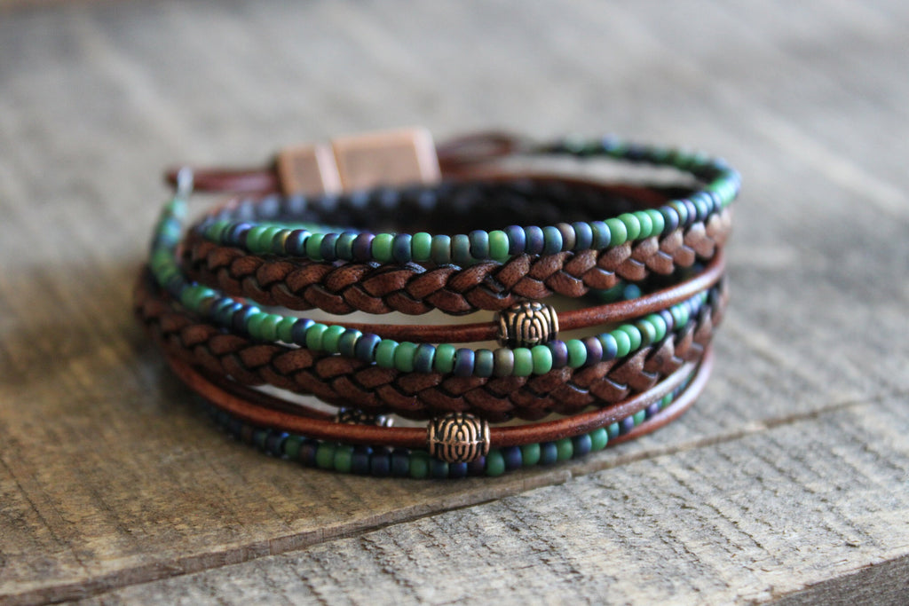 BohoWrapFrancesca Men's Leather Wrap Bracelet: Boho Beaded Style