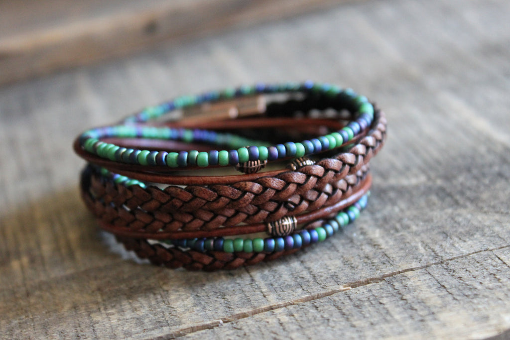 Boho Leather Wrap Bracelet Braided Napa Miyuki Beads
