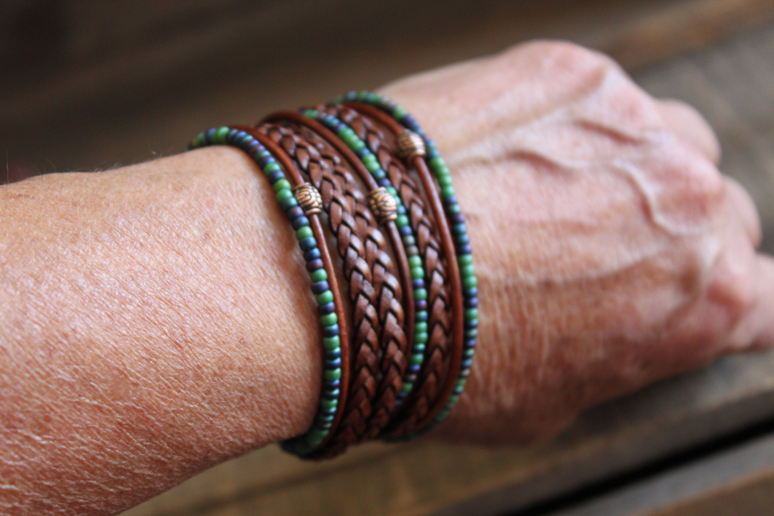 Boho Leather Wrap Bracelet Braided Napa Miyuki Beads