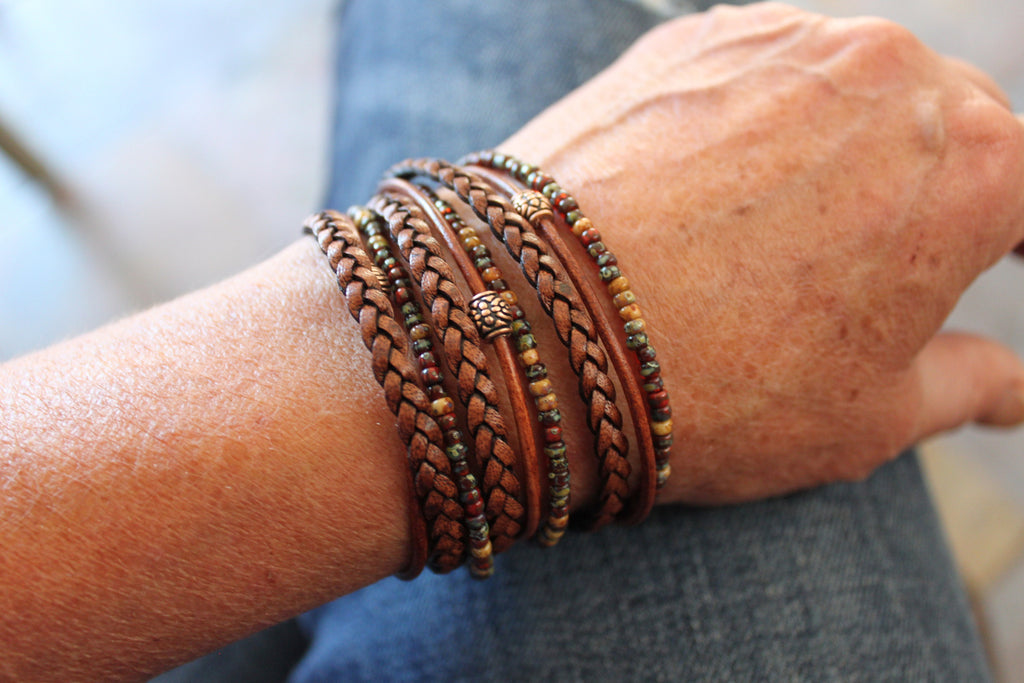 Boho Leather Wrap Bracelet: Miyuki Seed Beads, Magnetic Clasp