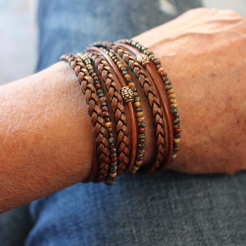 Boho Leather Wrap Bracelet: Braided Napa Leather, Miyoki Seed Beads